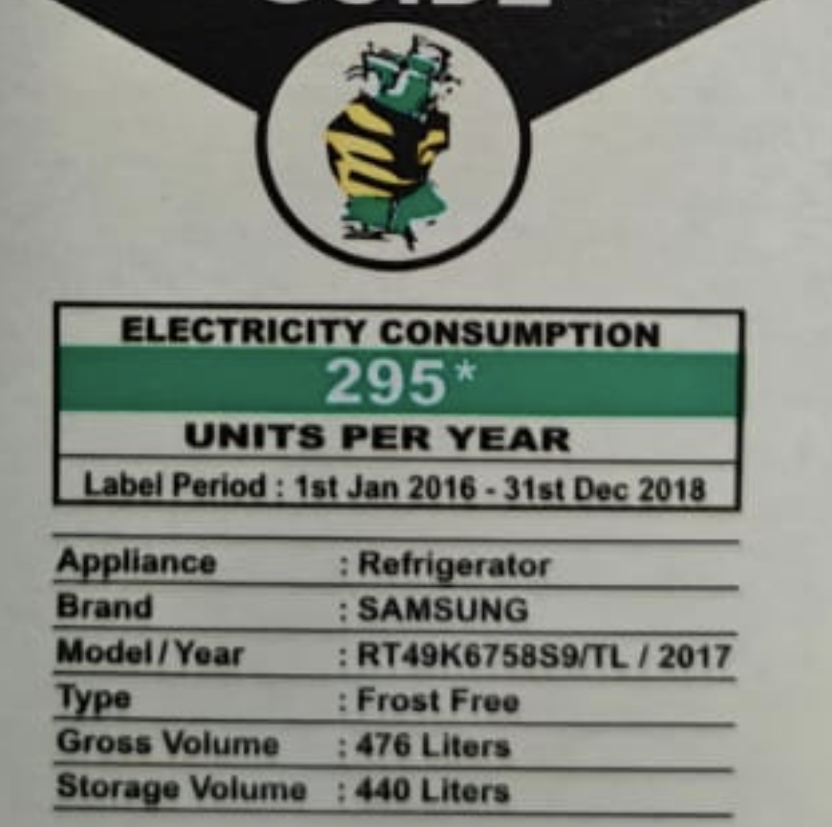 BEE energy label on the original Samsung refrigerator